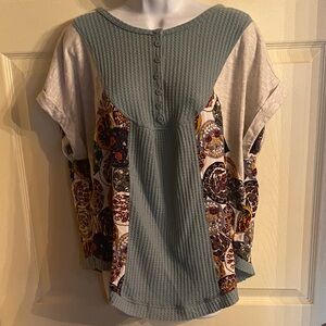 Umgee Green and Cream Patchwork Blouse
